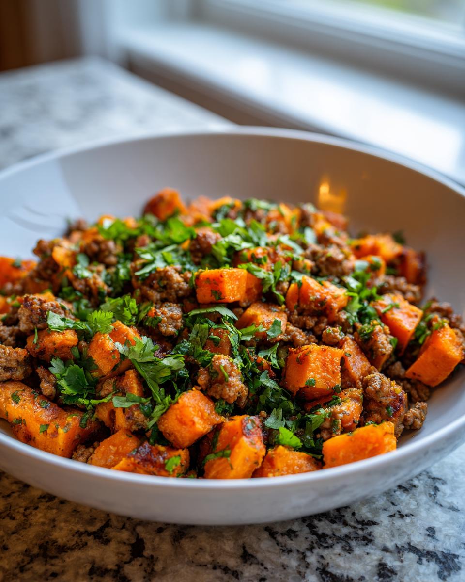 A white bowl filled with a hearty sweet potato skillet mixture of diced orange sweet potatoes and ground meat, topped with fresh green parsley.
