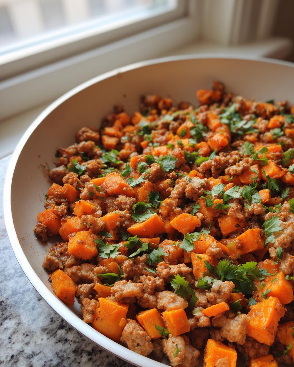 Close-up of a skillet filled with diced sweet potato and ground meat, garnished with fresh cilantro, ready for a sweet potato skillet meal.