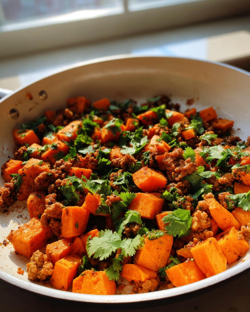 Close-up of a white skillet filled with diced, cooked sweet potato and seasoned ground meat, topped with fresh cilantro for a sweet potato skillet.