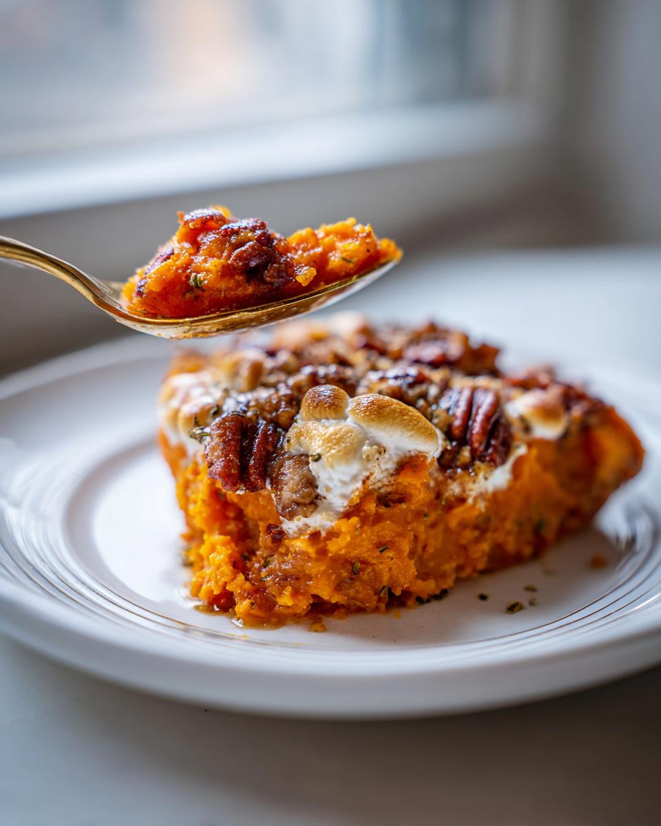 A golden spoon lifts a bite of rich, orange sweet potatoes casserole topped with pecans and toasted marshmallows.