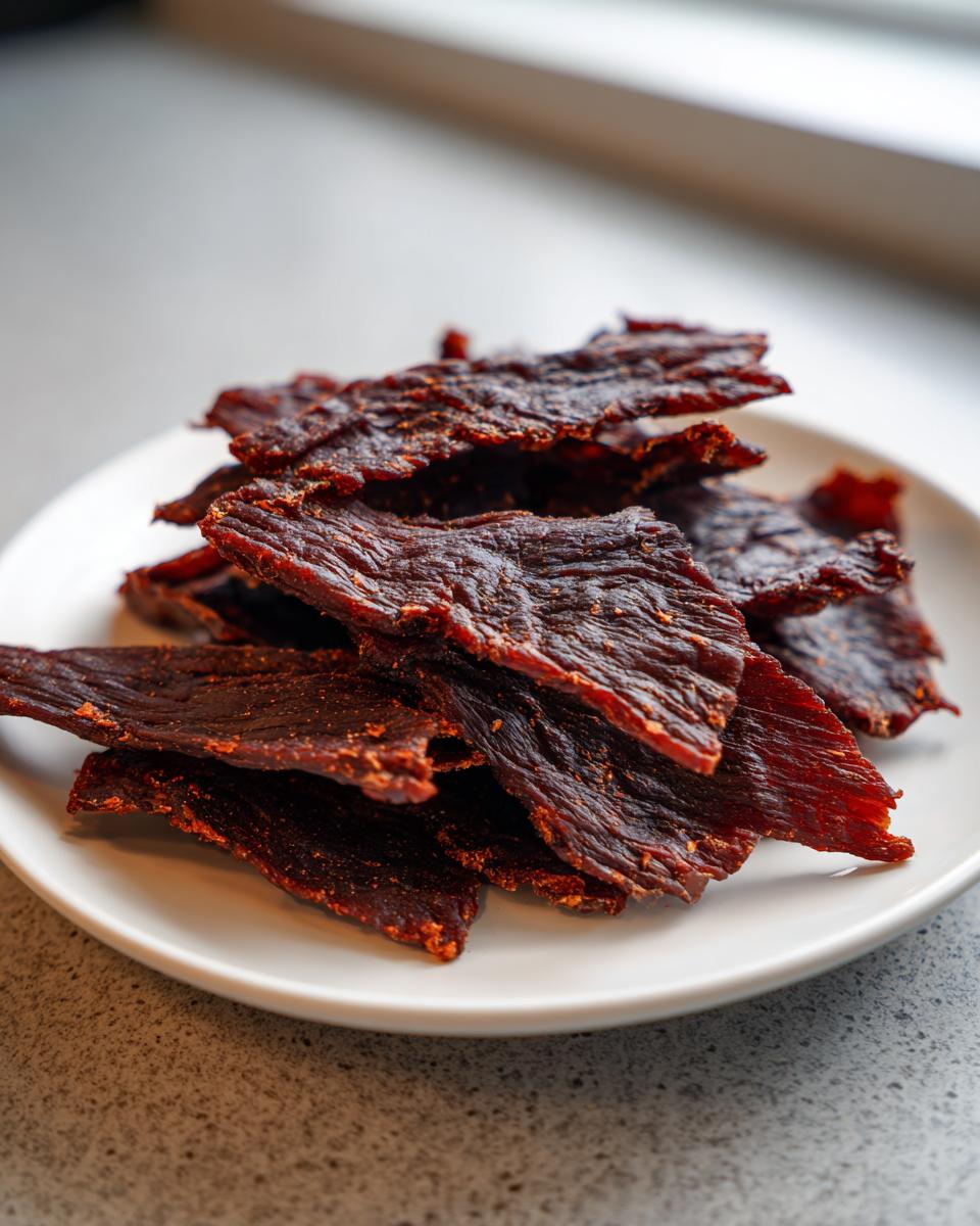 Close-up of a pile of dark, richly seasoned venison jerky strips resting on a small white plate.