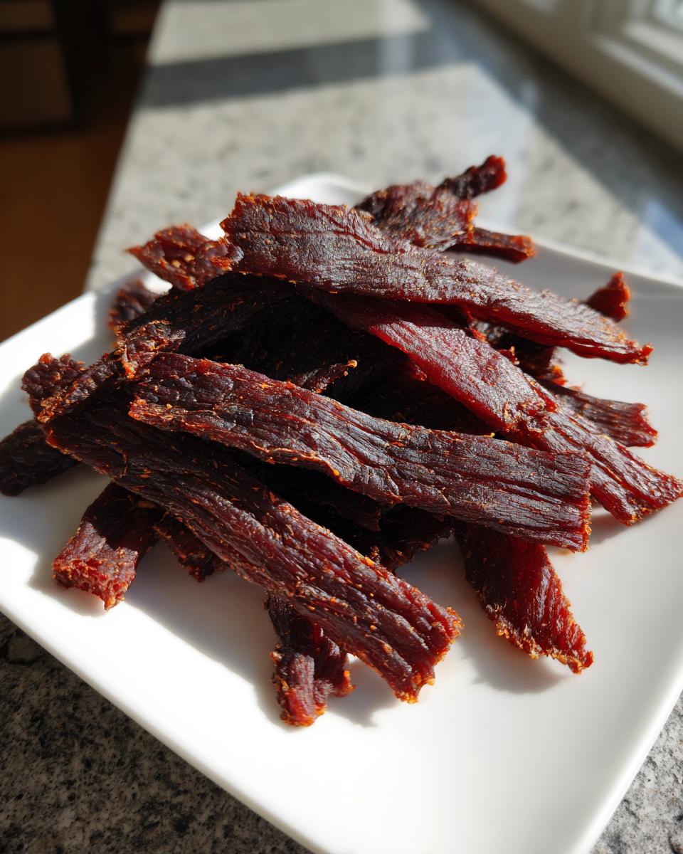 A close-up of a pile of dark, dried strips of sweet-smoky venison jerky resting on a white square plate.
