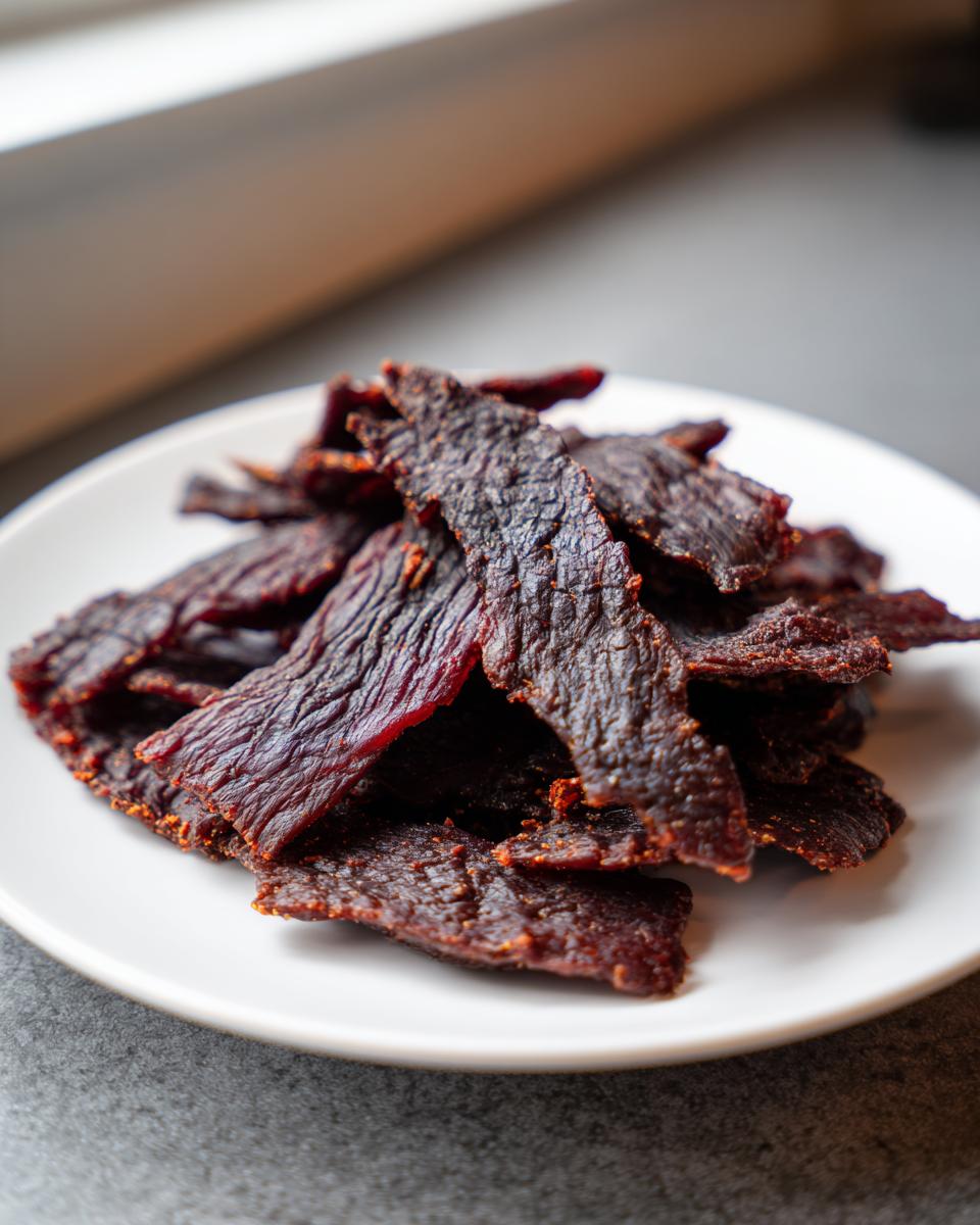 A close-up of dark, richly seasoned strips of venison jerky piled high on a small white plate.