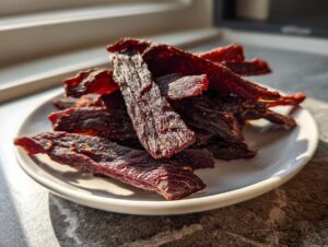A pile of dark, richly seasoned venison jerky slices stacked on a small white plate, highlighted by sunlight.