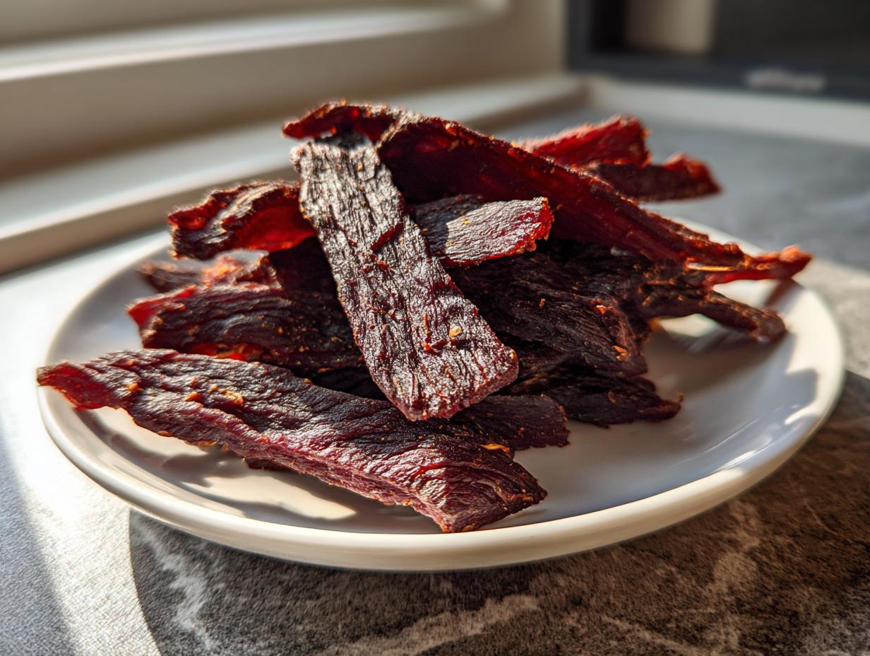 A pile of dark, richly seasoned venison jerky slices stacked on a small white plate, highlighted by sunlight.