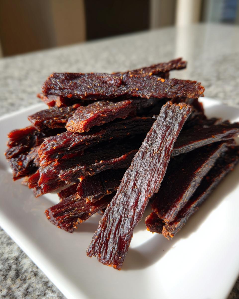 Close-up of a pile of dark, richly seasoned sweet-smoky venison jerky strips resting on a white square plate.