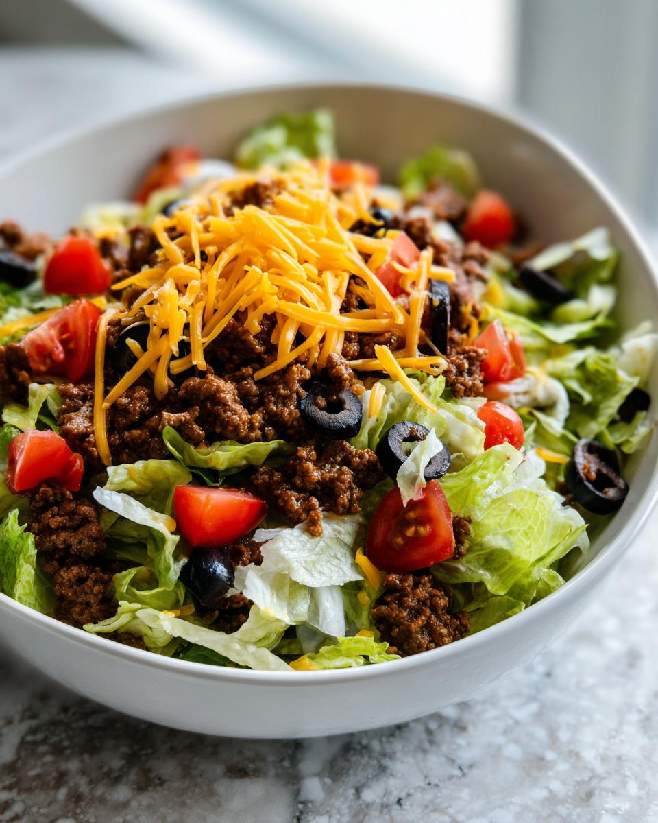Close-up of a fresh taco salad featuring lettuce, seasoned ground beef, shredded cheddar cheese, tomatoes, and black olives.