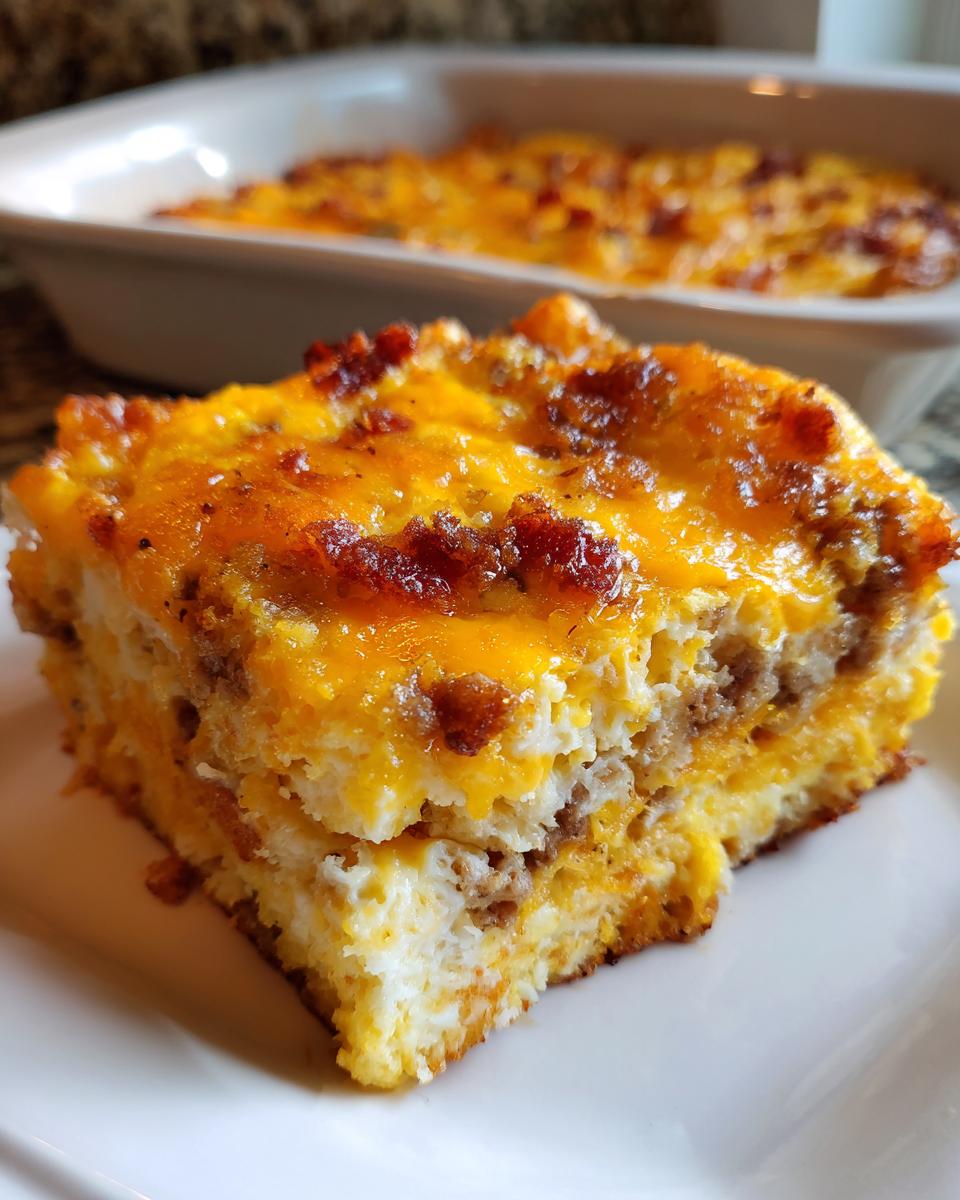 A close-up slice of tater tot breakfast casserole featuring eggs, sausage, and melted cheddar cheese topping.