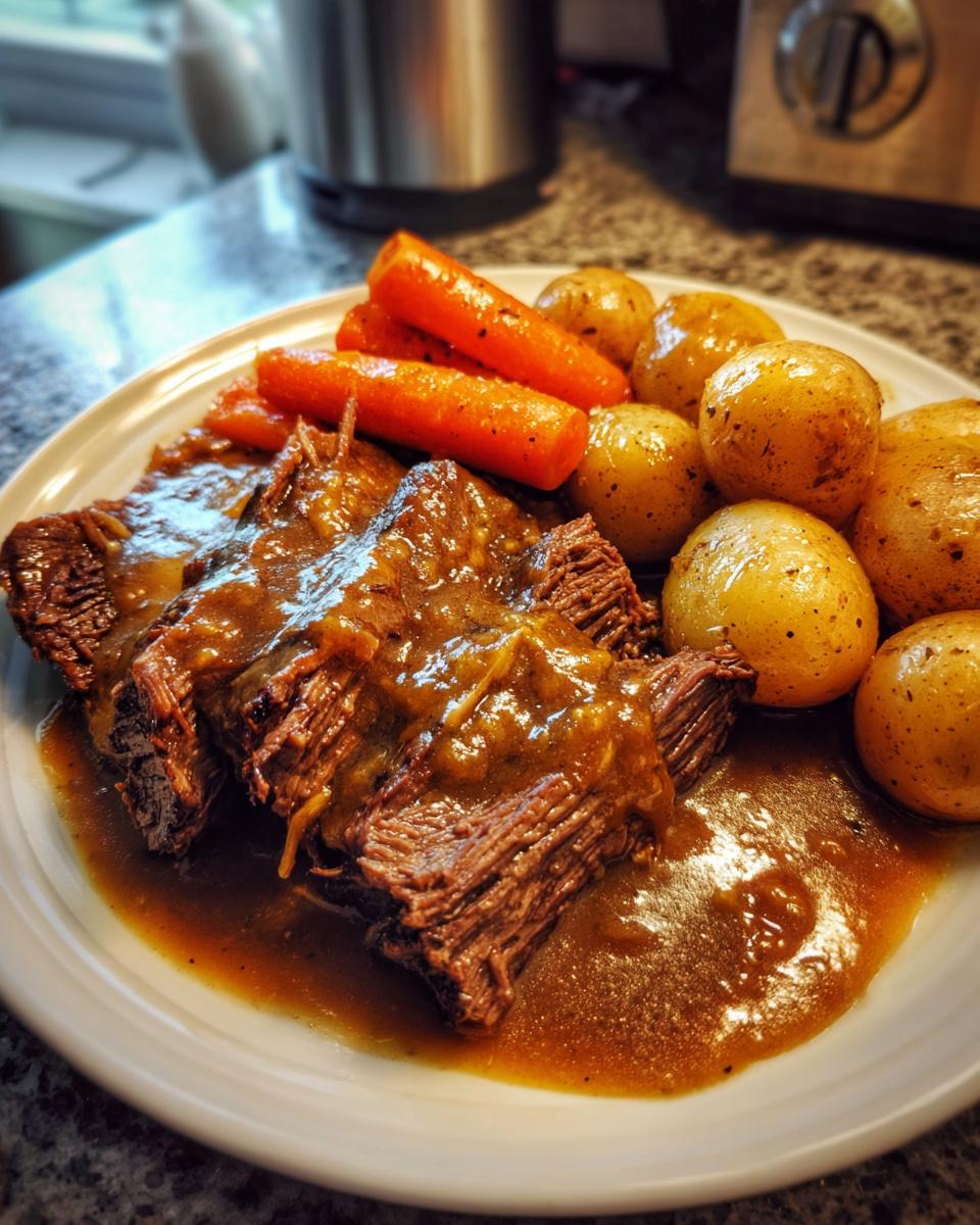 A plate featuring slices of tender pot roast covered in rich brown gravy, served with whole roasted carrots and small yellow potatoes.