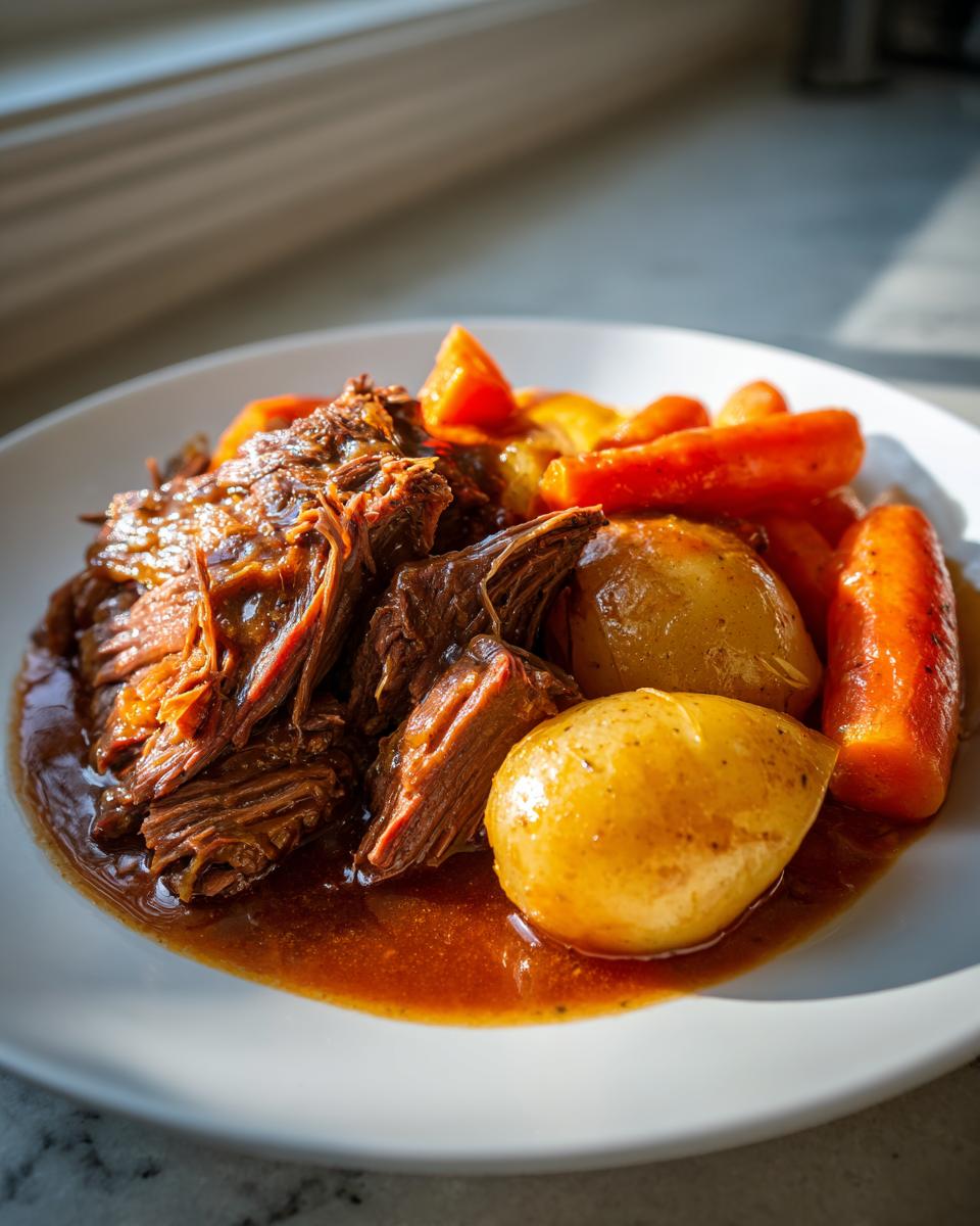 Close-up of tender, shredded slow cooker pot roast served with whole potatoes and carrots in rich brown gravy.