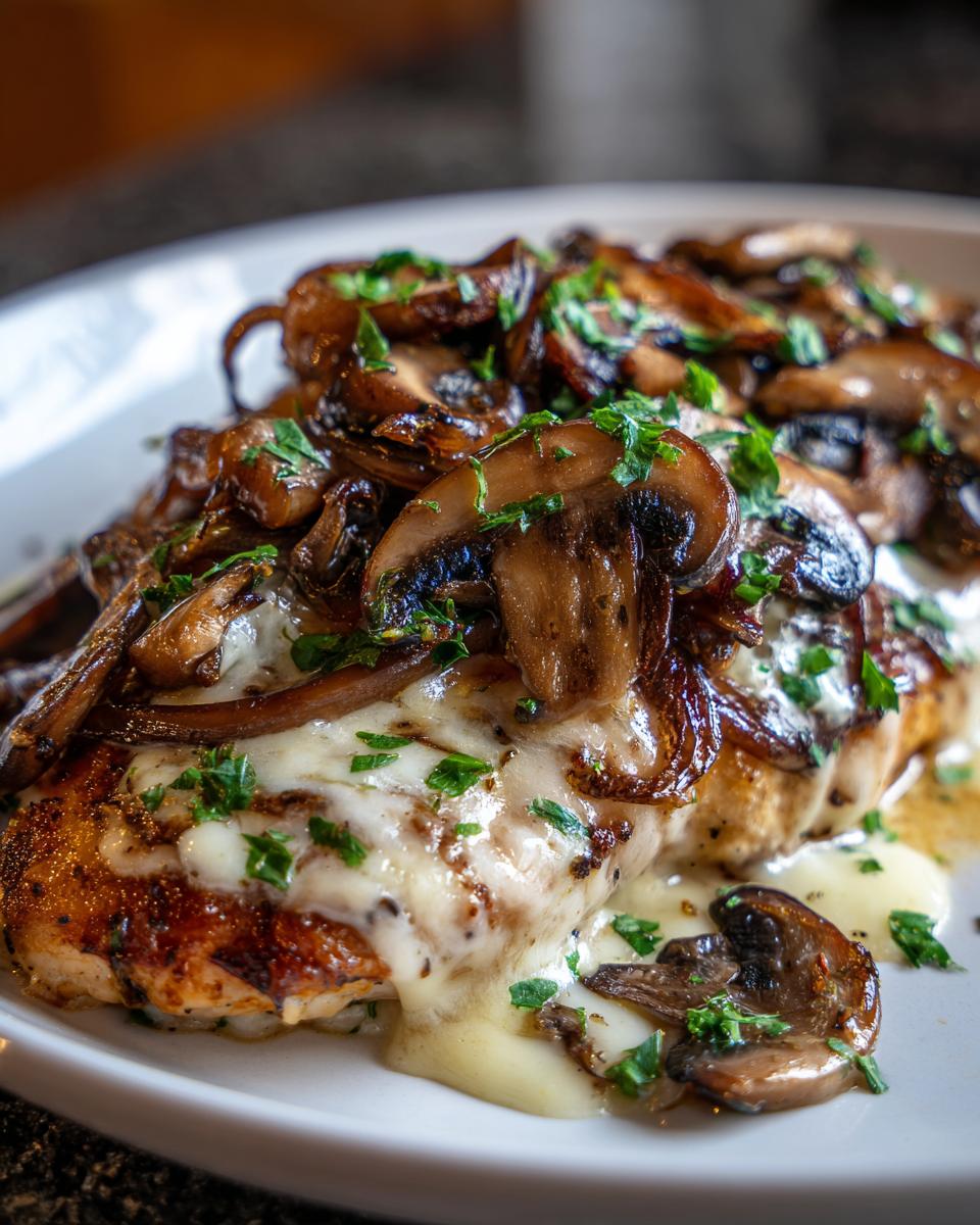 Close-up of grilled chicken breast topped with melted white cheese, sautéed mushrooms, and fresh parsley, resembling Texas Roadhouse smothered chicken.