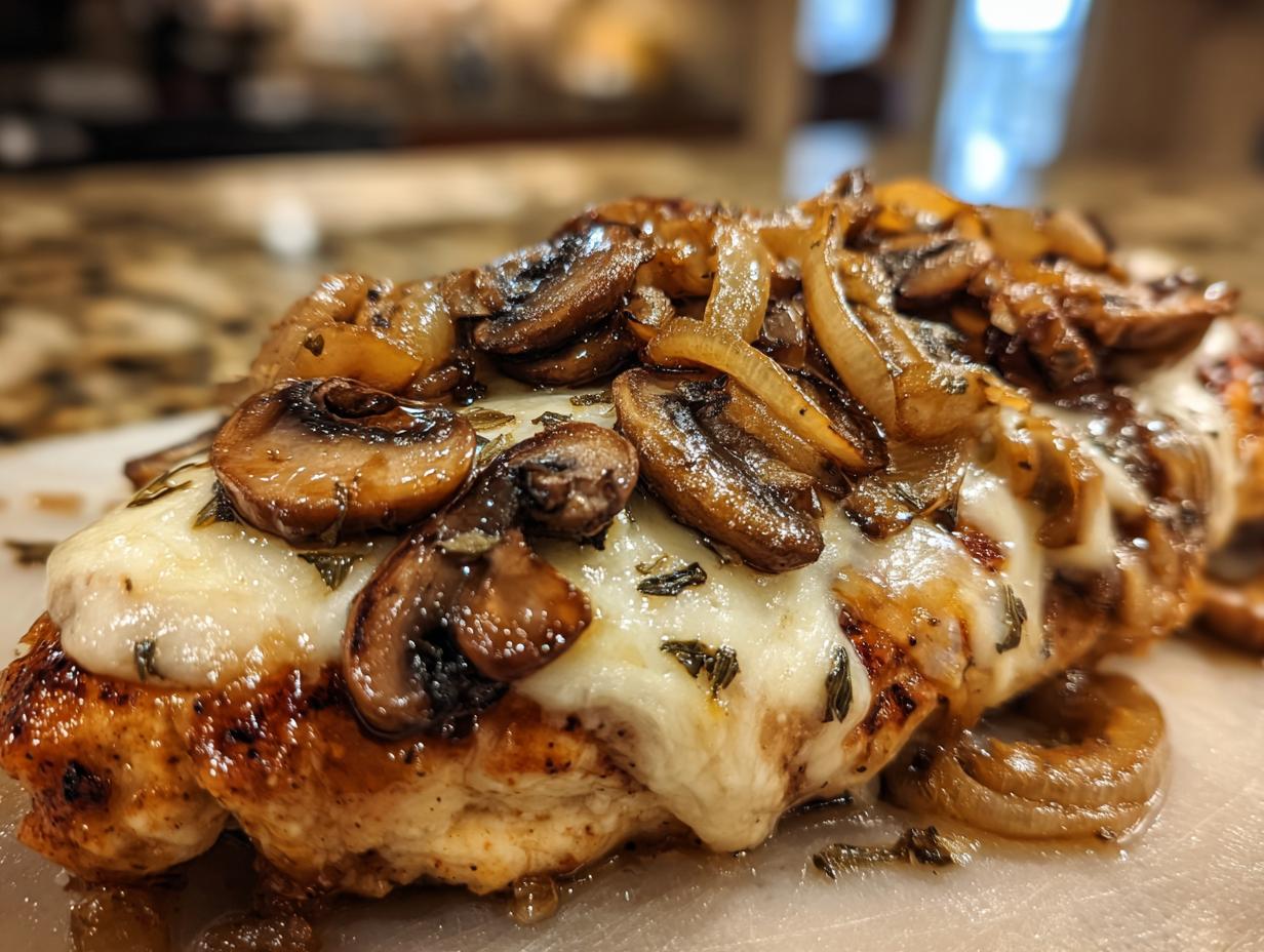 Close-up of juicy Texas Roadhouse smothered chicken topped with melted white cheese, sautéed mushrooms, and onions.
