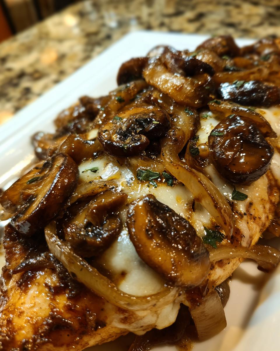 Close-up of juicy Texas Roadhouse smothered chicken topped with melted white cheese, caramelized onions, and sautéed mushrooms.