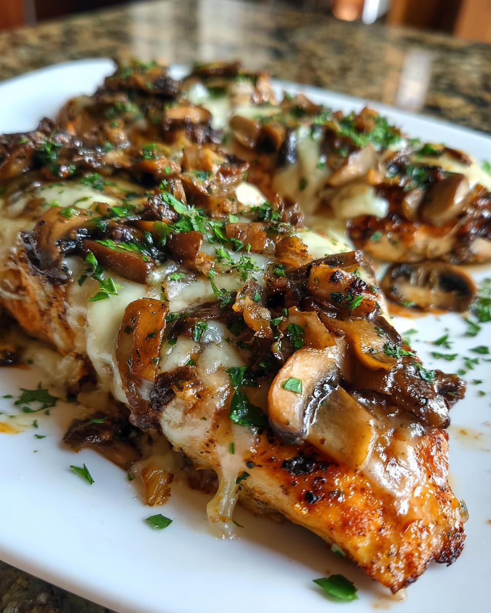 Close-up of perfectly cooked Texas Roadhouse smothered chicken topped with melted white cheese and sautéed mushrooms.