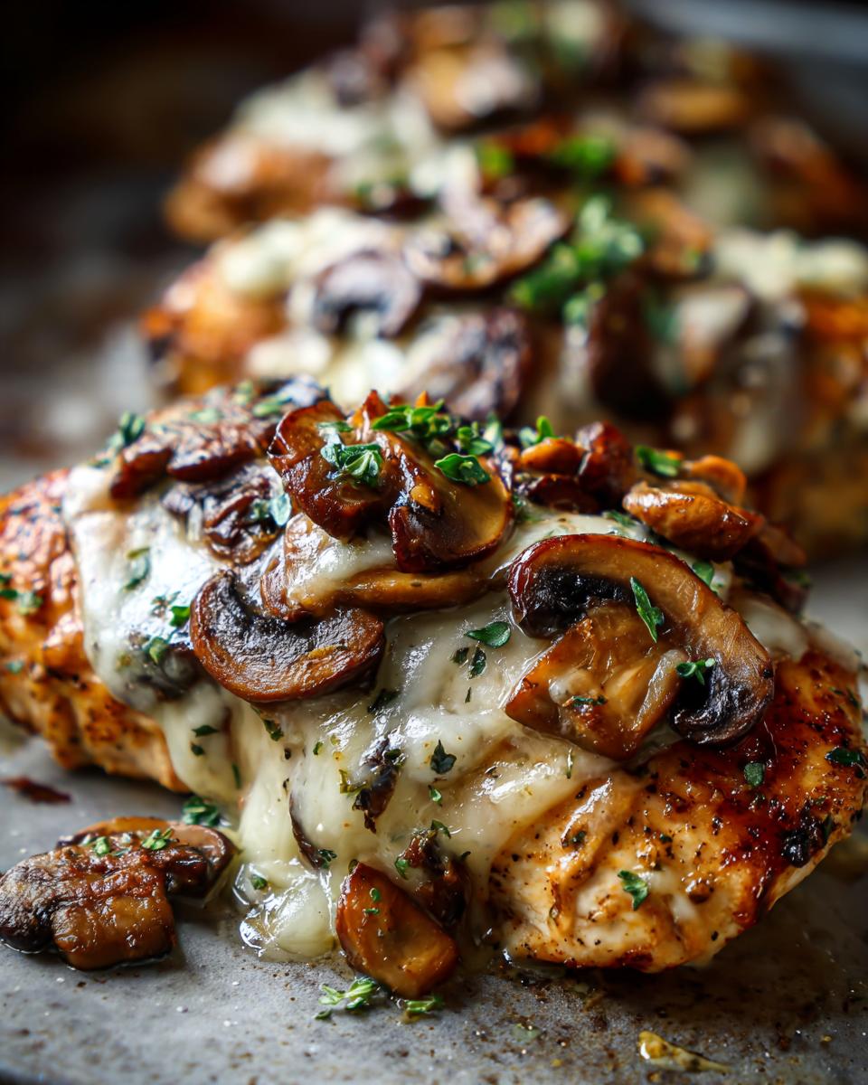 Close-up of a juicy chicken breast topped with melted white cheese, sautéed mushrooms, and fresh herbs, resembling Texas Roadhouse smothered chicken.