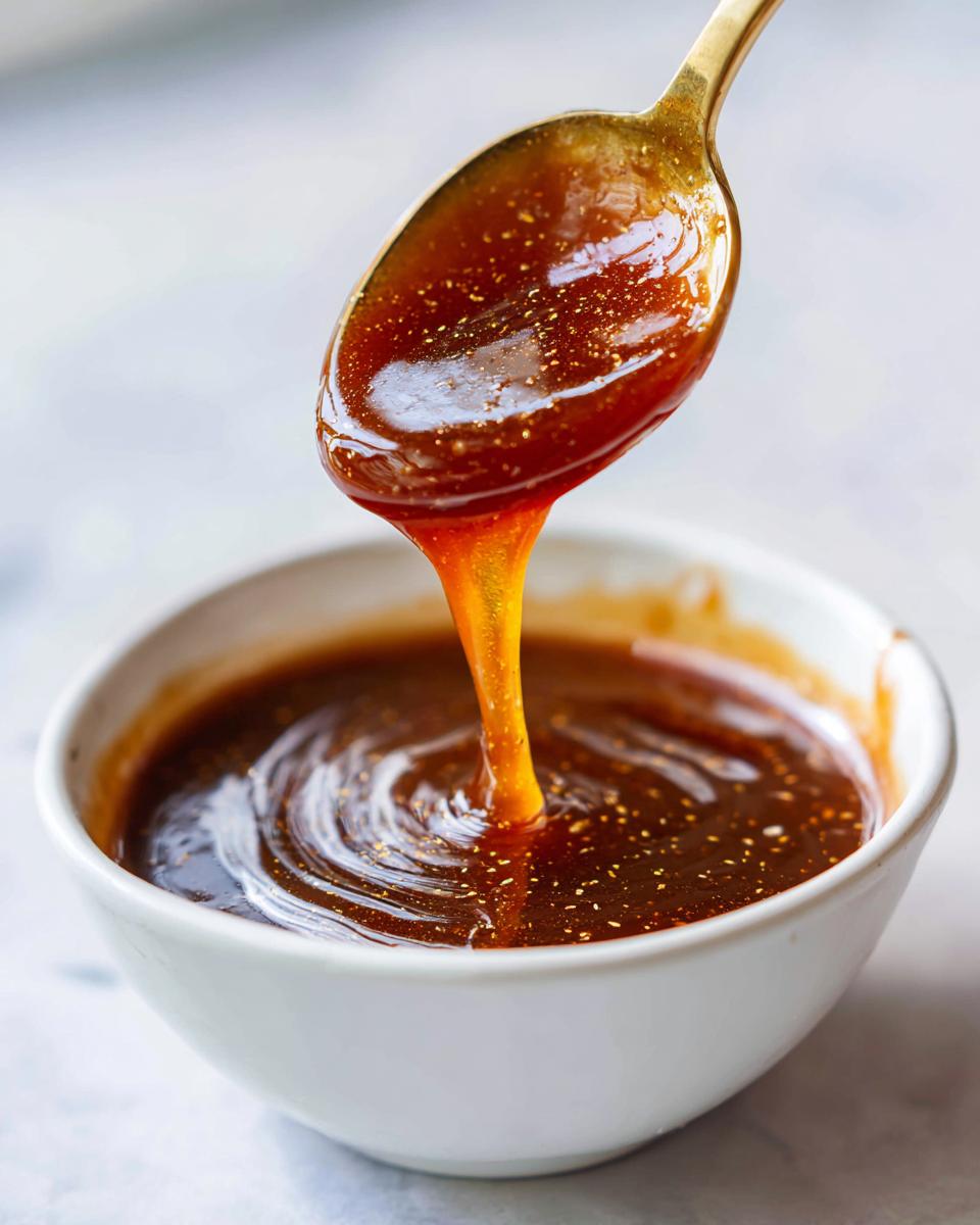 Close-up of thick, glossy homemade teriyaki sauce dripping from a golden spoon back into a white bowl.