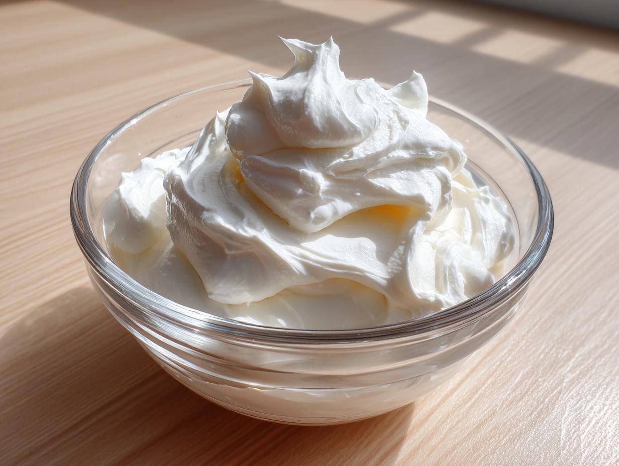 A glass bowl filled with thick, perfectly peaked white royal icing recipe, sitting on a light wooden surface.