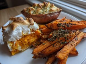 A plate featuring a slice of sweet potatoes pie with meringue, seasoned sweet potatoes fries, and a stuffed sweet potato.