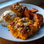 A plate featuring three different preparations of sweet potatoes, including a casserole with pecans, roasted wedges, and a side biscuit.