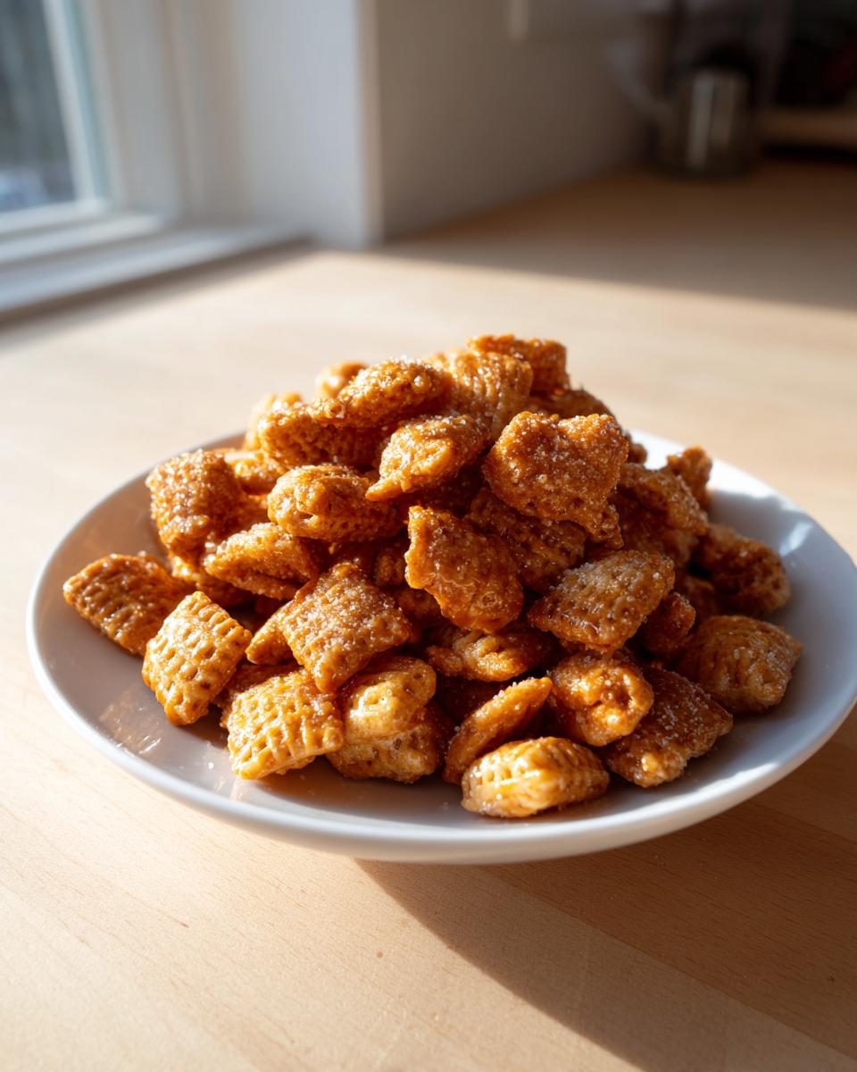 A white bowl piled high with glistening, crunchy toffee chex mix recipe pieces, sitting on a light wooden counter near a window.