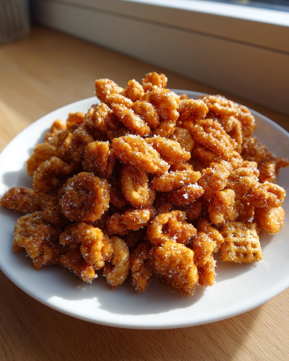 A mound of golden brown, crunchy toffee chex mix recipe pieces sprinkled with coarse white salt on a white plate.