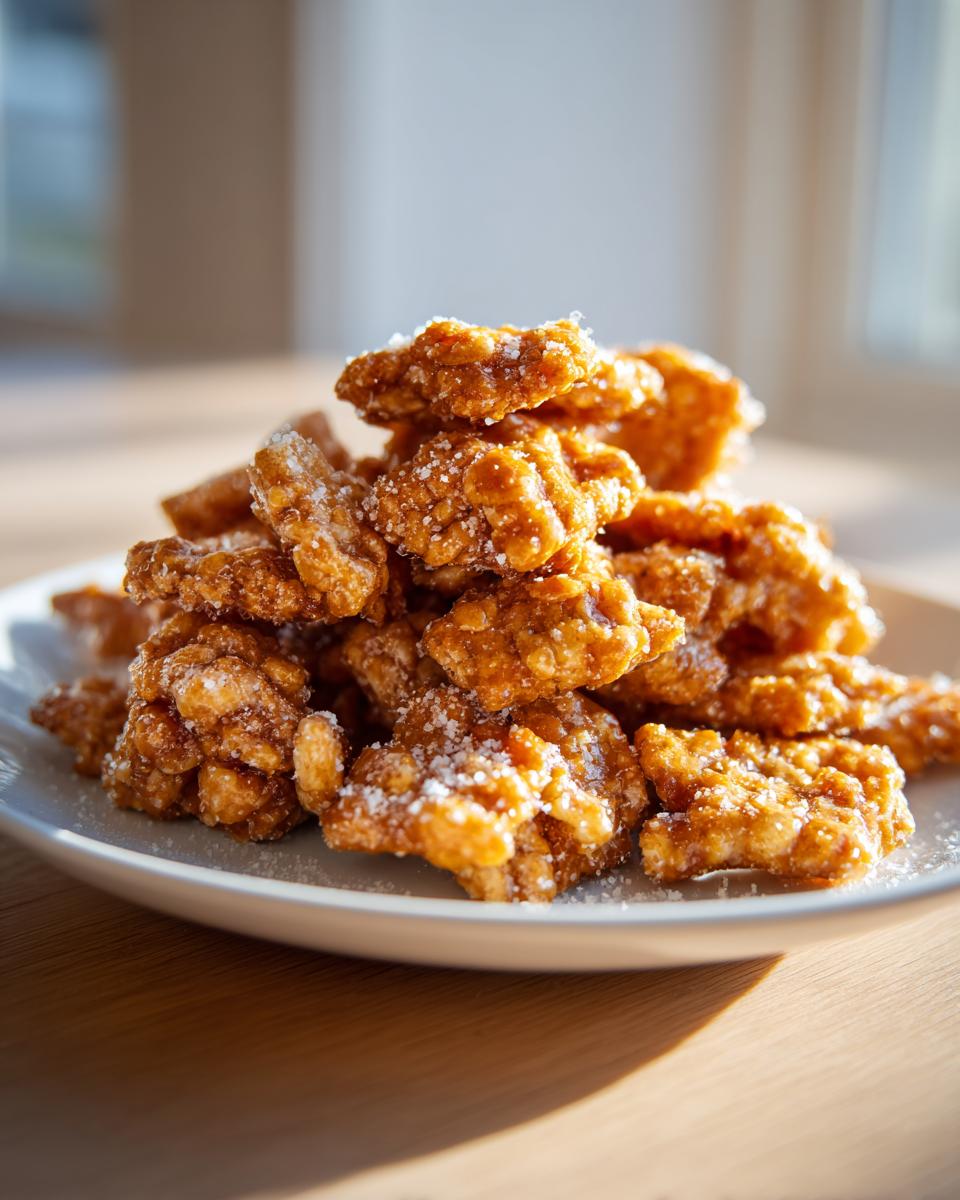 A tempting pile of golden brown, sticky clusters from a toffee chex mix recipe, dusted with powdered sugar.