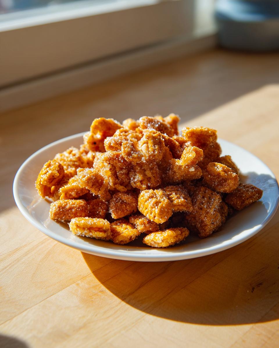 A mound of crunchy, sugar-coated toffee chex mix recipe pieces served on a small white plate near a sunny window.