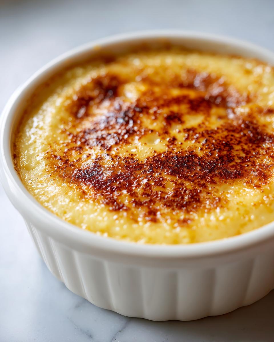 Close-up of a rich, creamy egg custard with a deeply caramelized, torched sugar top in a white ramekin.