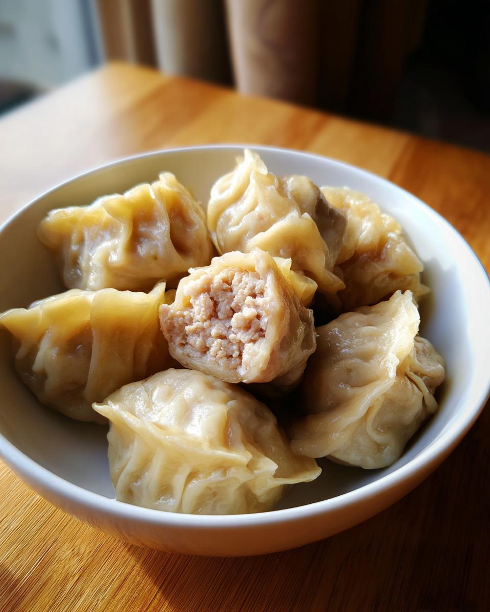 A white bowl filled with freshly steamed Traditional Chinese Dumplings, one is cut open showing the savory meat filling.