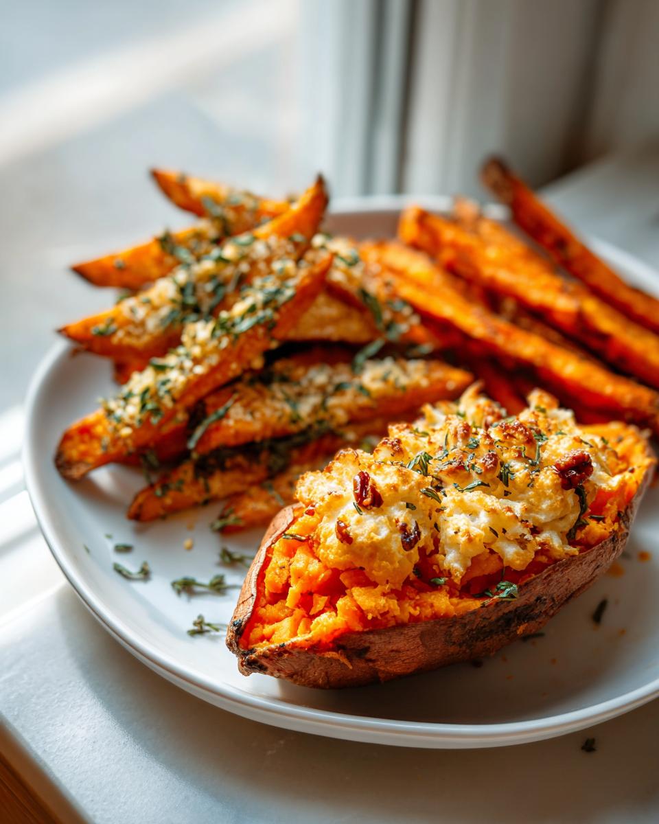 A plate featuring a twice baked sweet potatoes half topped with cheese and herbs, beside seasoned sweet potatoes fries.