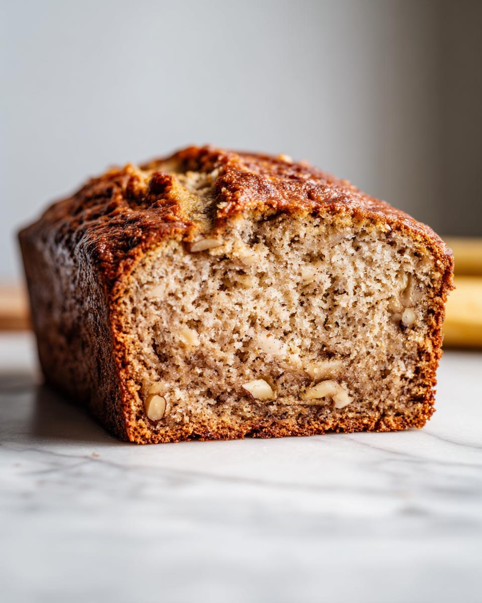 Close-up of a rich, moist slice of vegan banana bread showing the crumb texture and visible walnuts.