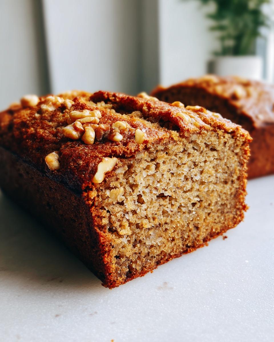 A close-up, cross-section view of moist vegan banana bread topped with walnuts, showing the texture.