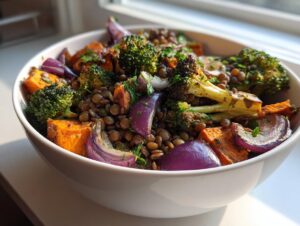 A close-up of a white bowl filled with veggie lentil salad featuring roasted sweet potatoes, broccoli, and red onion.