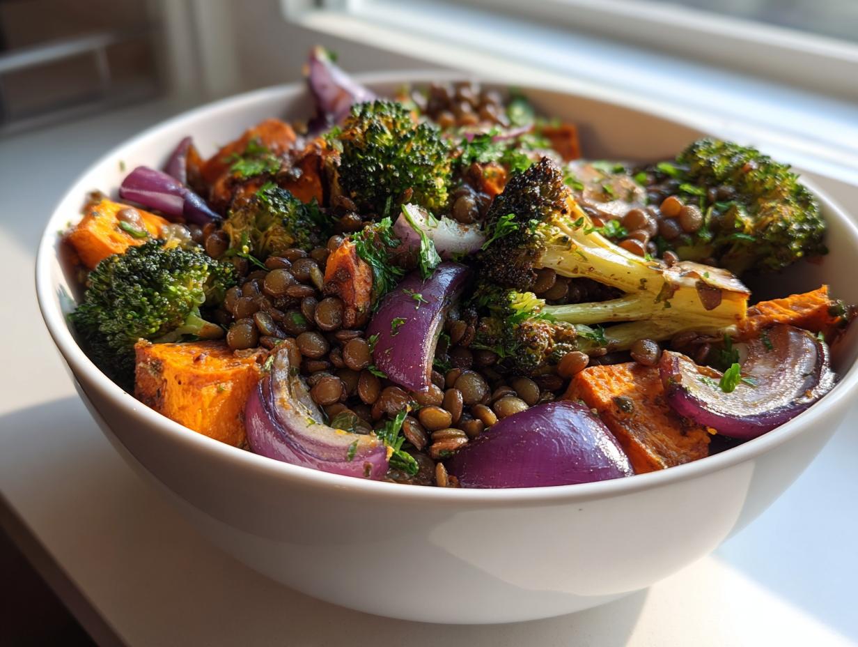 A close-up of a white bowl filled with veggie lentil salad featuring roasted sweet potatoes, broccoli, and red onion.