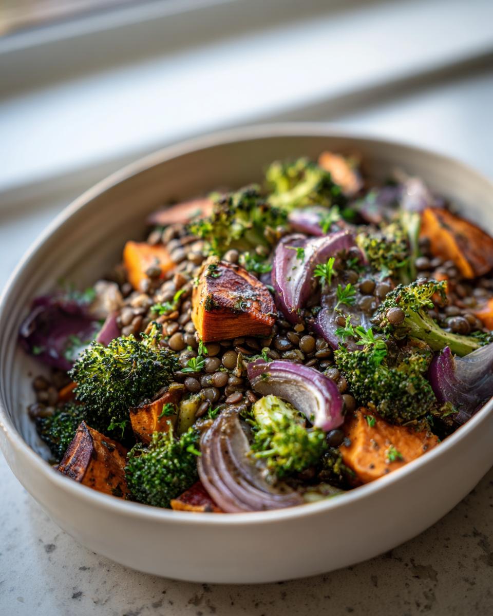 Close-up of a hearty veggie lentil salad featuring roasted sweet potatoes, broccoli florets, and red onion wedges.