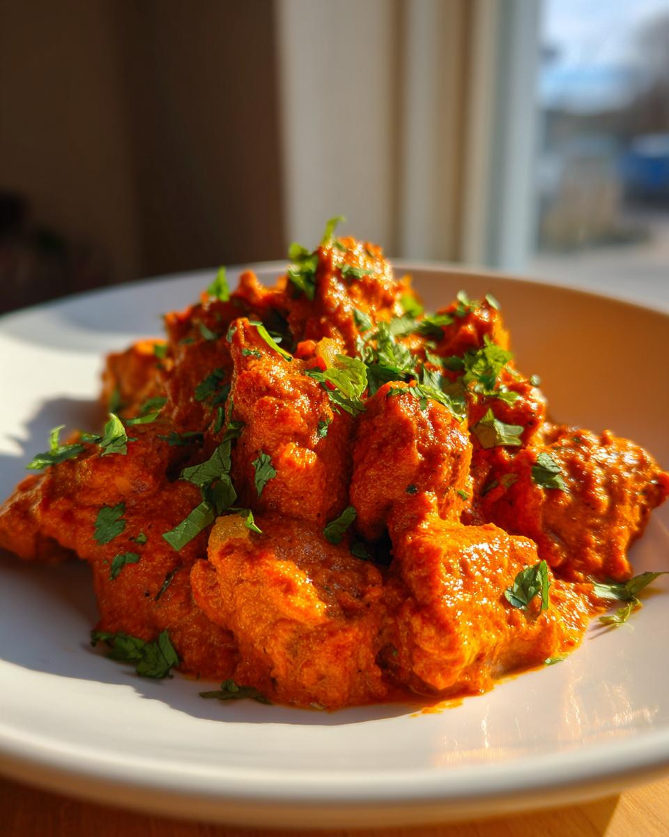 Close-up of creamy, orange butter chicken pieces garnished generously with fresh green cilantro.