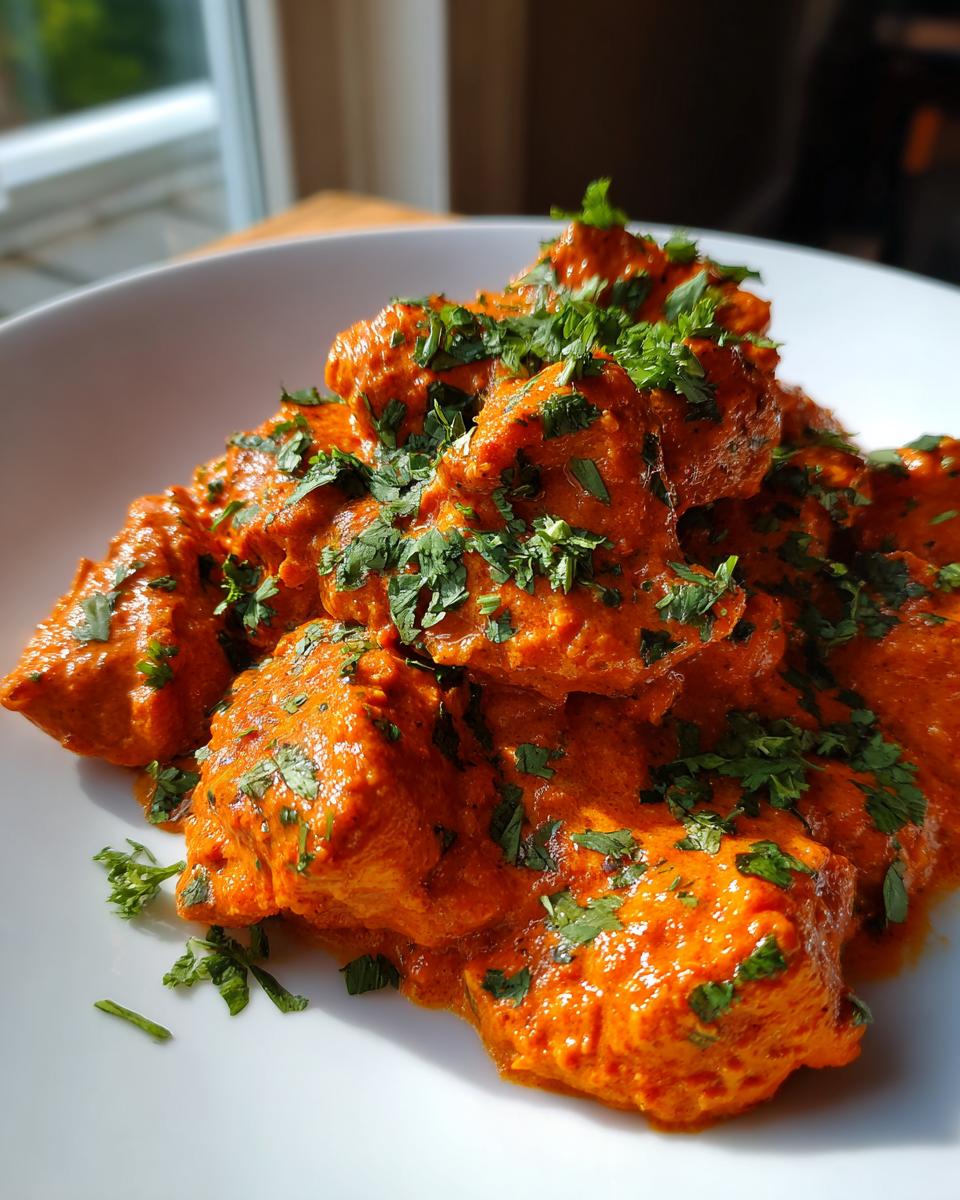 Close-up of vibrant orange butter chicken pieces coated in creamy sauce and garnished generously with chopped cilantro.