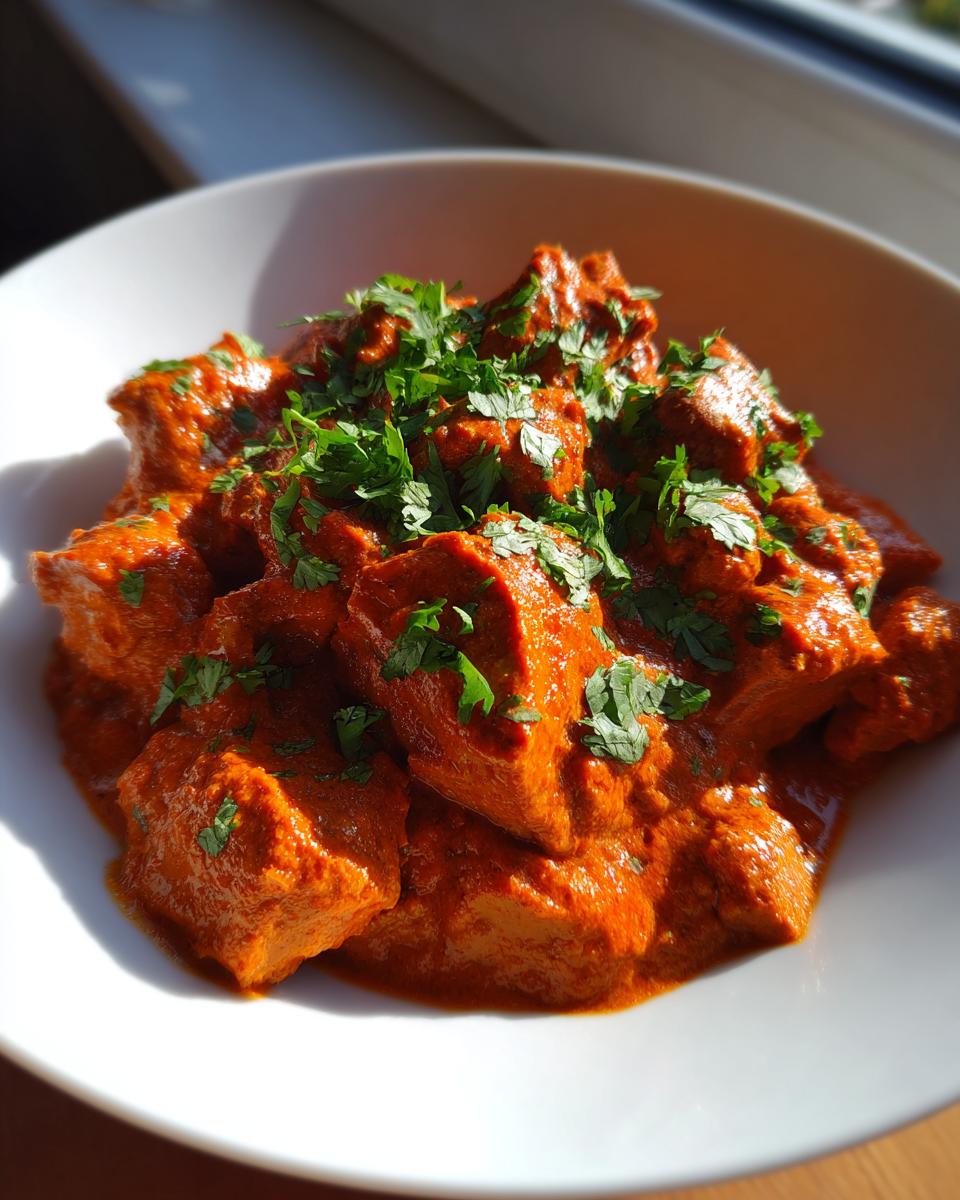 Close-up of rich, orange-red butter chicken pieces covered in creamy sauce and topped with fresh green parsley.