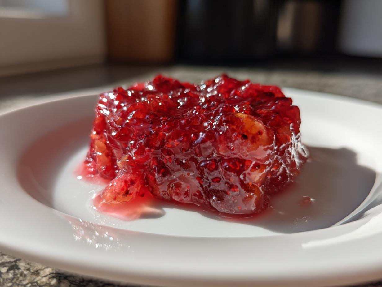 A glistening mound of bright red, chunky christmas jam sitting on a small white saucer, illuminated by sunlight.