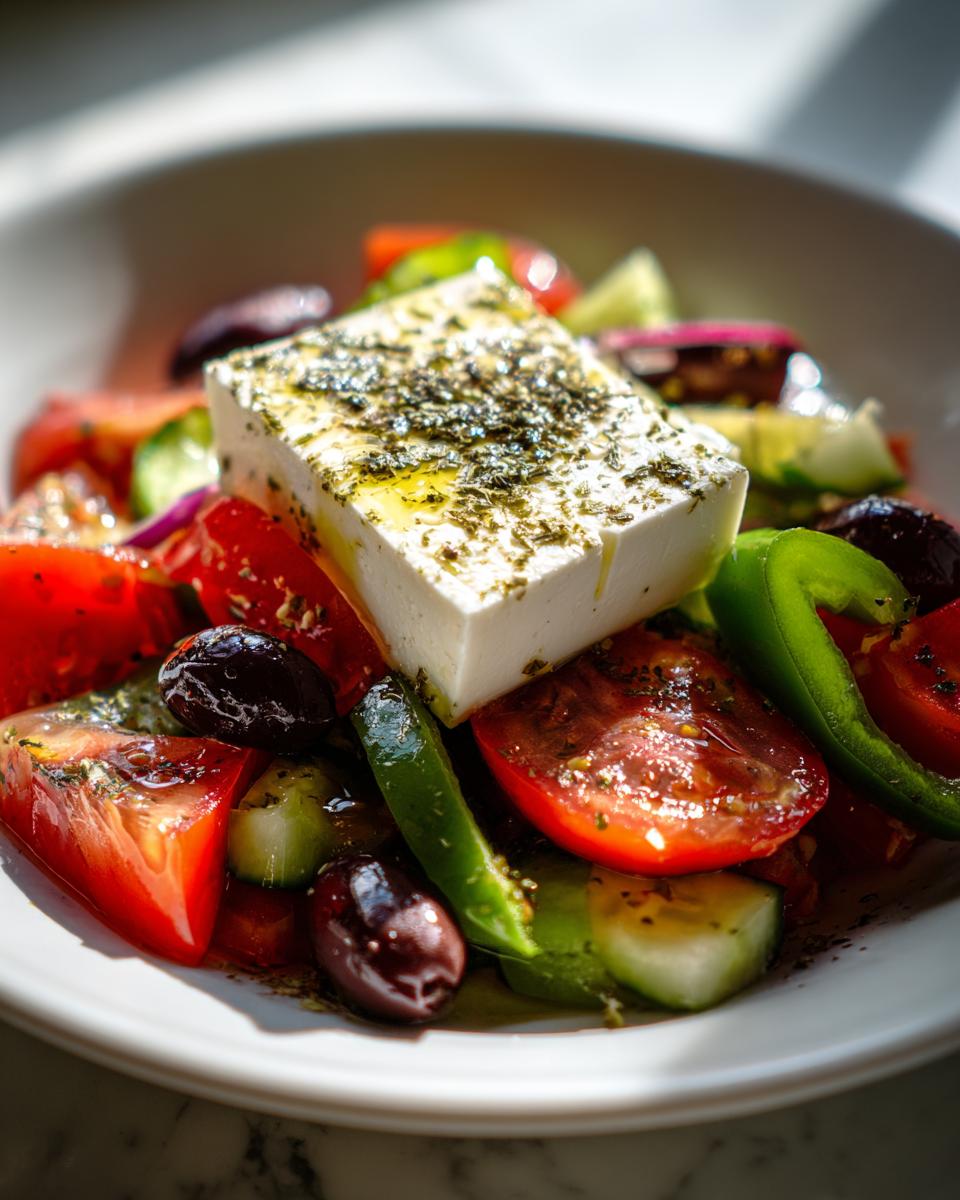 A vibrant close-up of a fresh greek salad featuring a large block of feta cheese drizzled with oil and herbs.