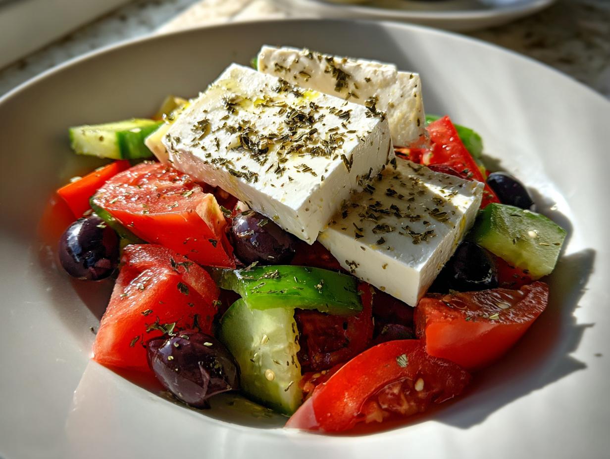Close-up of a fresh greek salad featuring large blocks of feta cheese drizzled with herbs, tomatoes, cucumbers, and Kalamata olives.
