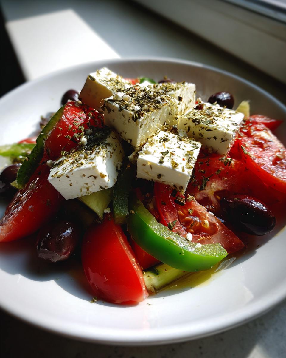 Close-up of a vibrant greek salad featuring large cubes of feta cheese seasoned with herbs, red tomatoes, green peppers, and Kalamata olives.