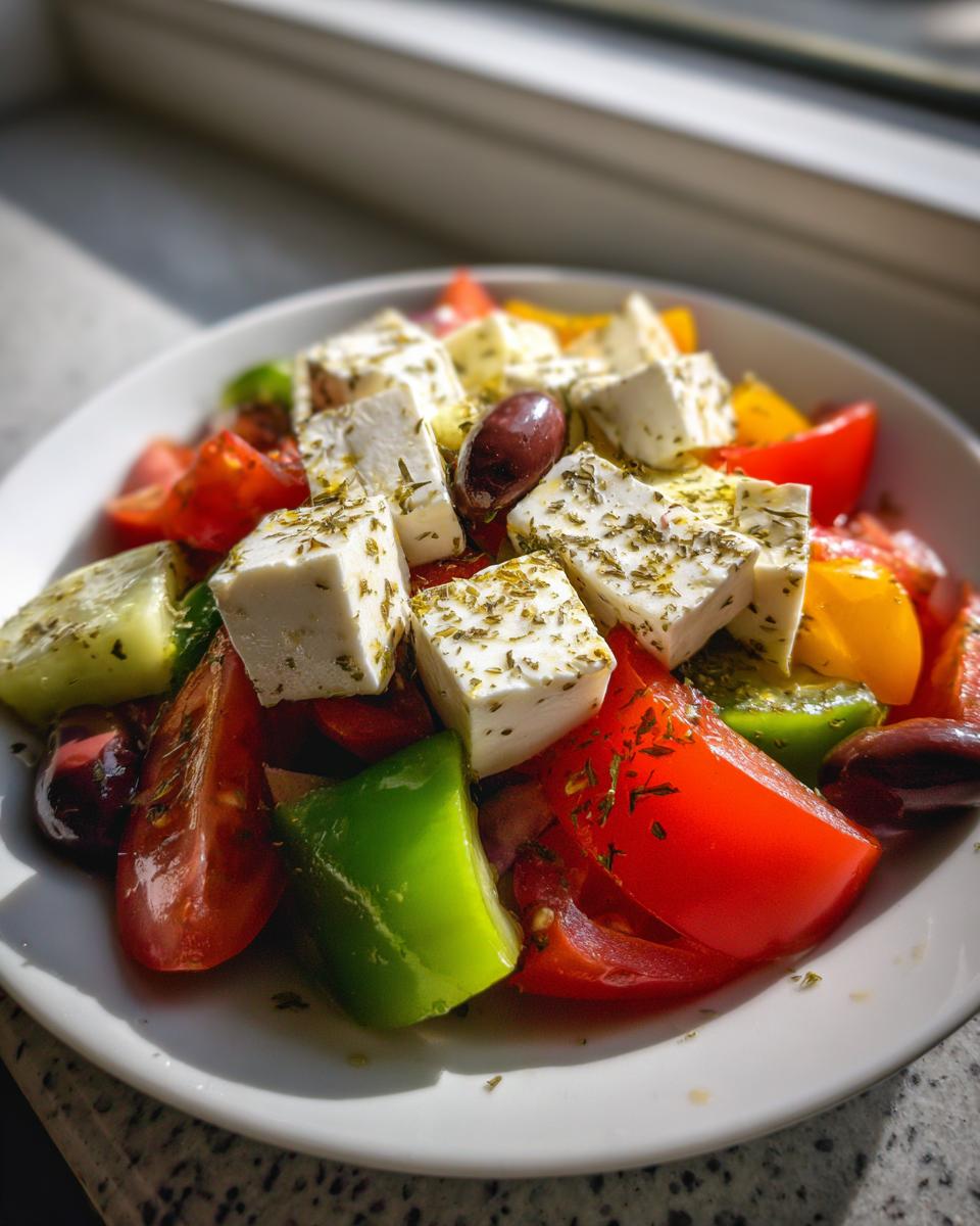 A close-up of a vibrant greek salad featuring large cubes of feta cheese, tomatoes, cucumbers, and olives, seasoned with herbs.