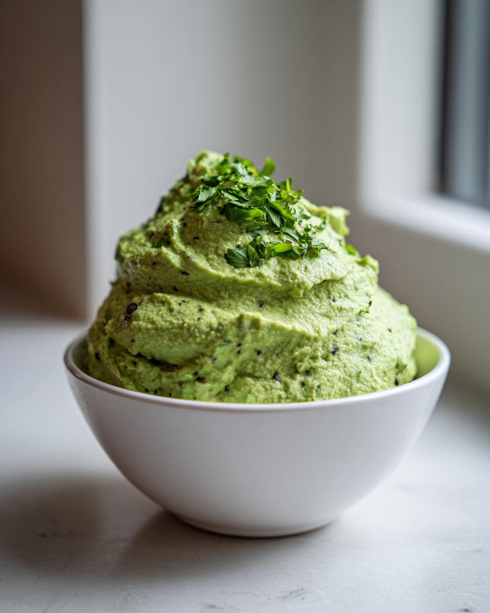 A creamy, vibrant green black bean dip mounded high in a white bowl and topped with fresh chopped parsley.