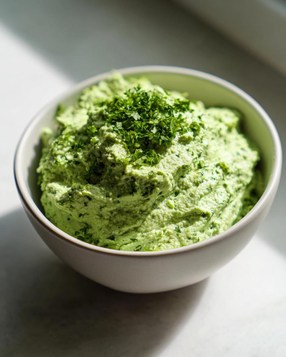 Close-up of a vibrant green dip, likely black bean dip with herbs, served in a light bowl.