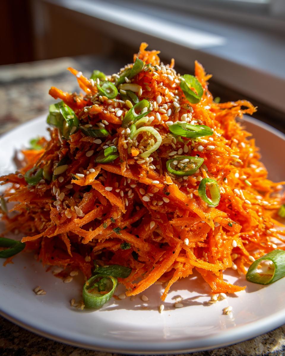 A mound of bright orange shredded raw carrot salad topped generously with white sesame seeds and sliced green onions.