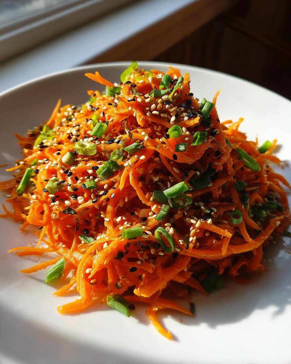 A mound of bright orange raw carrot salad, topped generously with sesame seeds and sliced green onions.