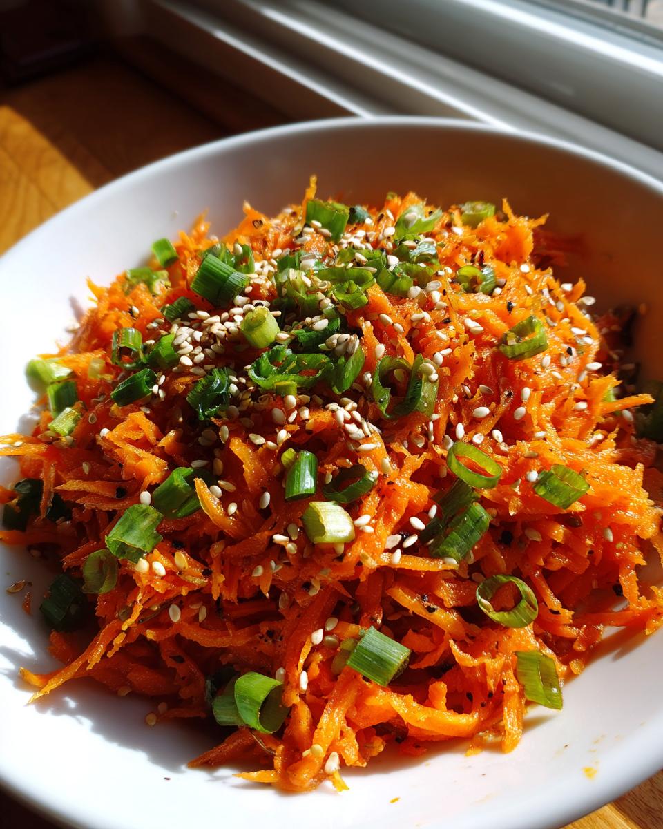 Close-up of a vibrant raw carrot salad, shredded and topped with chopped green onions and sesame seeds.