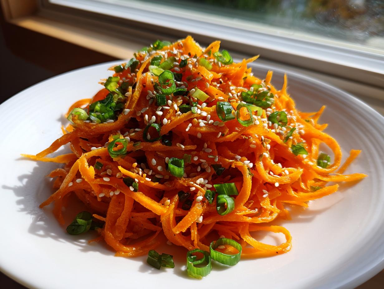 A mound of bright orange raw carrot salad, spiralized or julienned, topped with sesame seeds and sliced green onions.