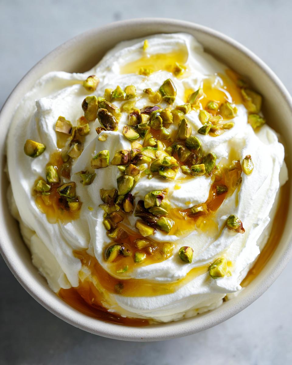 Close-up of creamy whipped feta dip drizzled with honey and sprinkled with chopped green pistachios.